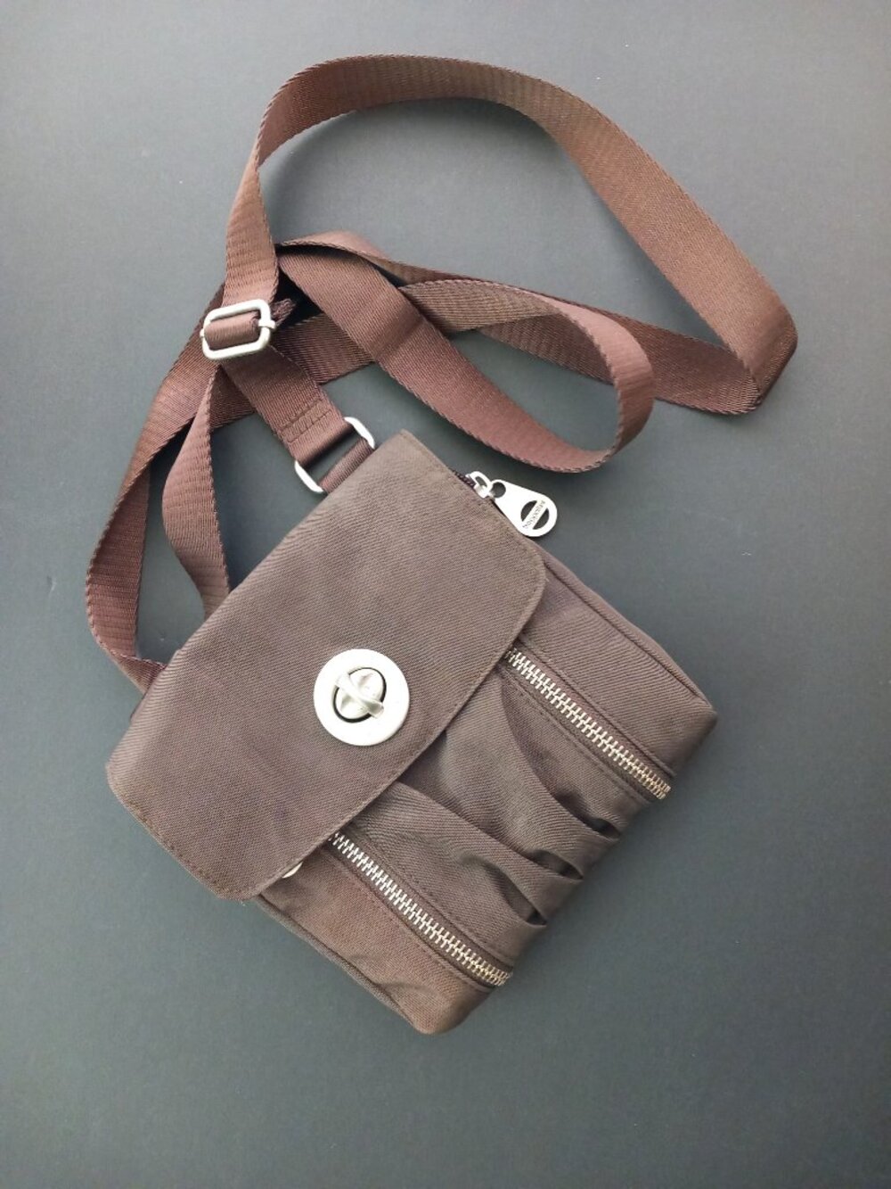Baggallini Small Brown Crossbody Bag with Silver Accents & Zippers